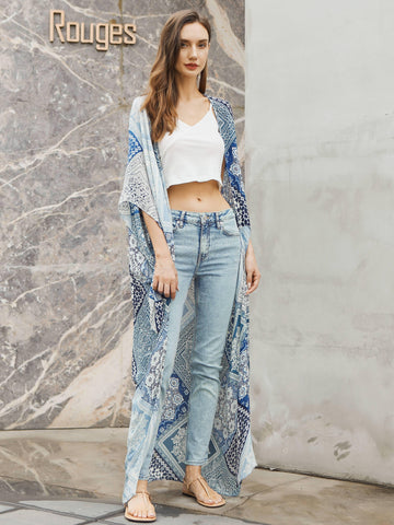 Moss Rose Blue Bohemian Maxi Kimono